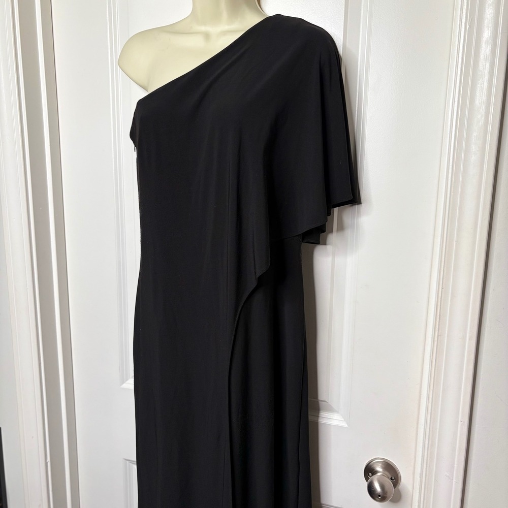 R&M Richards Wide leg Jumpsuit Women 10 Black One Shoulder Draped Flutter Sleeve